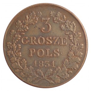 3 grosze polskie 1831, odmiana z prostymi łapami Orła i z kropką po POLS na rewersie