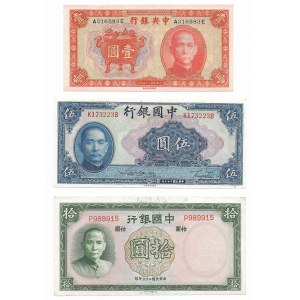 Chiny, zestaw (3 sztuki) - 1 yuan 1936, 5 yuan 1940, 10 yuan 1937