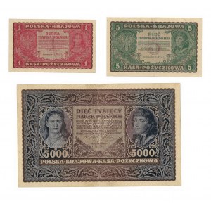 Zestaw 3 sztuki - 1 (I Serja DE), 5 marek 1919 (II Serja P) , 5000 marek (III Serja G) - 1919