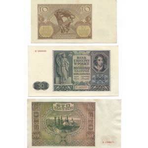 Zestaw 3 sztuki (10 złotych 1940 seria E, 50 złotych 1941 seria B, 100 złotych 1941 seria D)