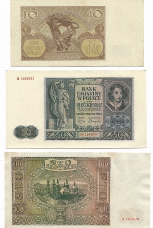 Zestaw 3 sztuki (10 złotych 1940 seria E, 50 złotych 1941 seria B, 100 złotych 1941 seria D)