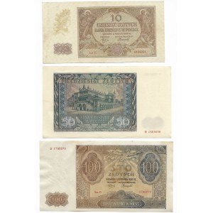 Zestaw 3 sztuki (10 złotych 1940 seria E, 50 złotych 1941 seria B, 100 złotych 1941 seria D)