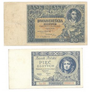 Zestaw 2 sztuki (20 Złotych 1931 seria CF, 5 złotych 1930 seria DX)