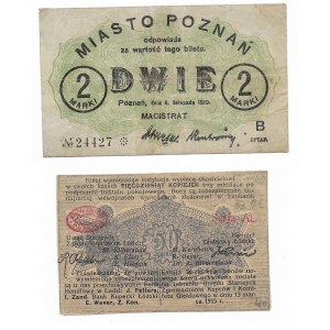 Zestaw, 2 sztuki - Poznań 2 marki 1919 i Łódź 50 kopiejek 1915