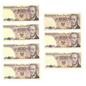 100 złotych 1986, zestaw 7 sztuk (Seria TA, TB, SM, SS, SK, MP, LZ)