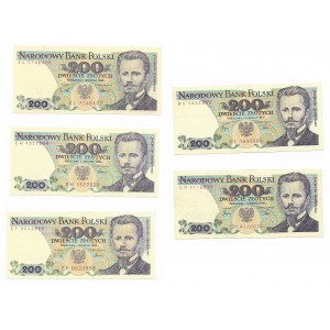 200 złotych, Zestaw 5 sztuk - (1982 Seria CM i BS / 1988 Seria EH, EF, EL)