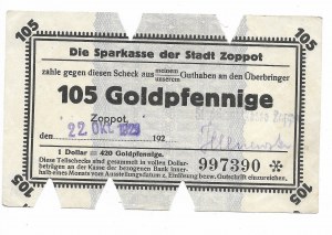 Zoppot (Sopot), Sparkasse der Stadt, 105 Goldpfennige 1923 - prawidłowa klauzula