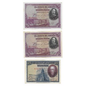 Hiszpania, zestaw 3 banknotów (2 x 100 pesetas 1925r., 1 x pesetas 1928r.) 2-/3+