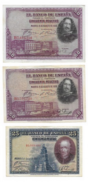 Hiszpania, zestaw 3 banknotów (2 x 100 pesetas 1925r., 1 x pesetas 1928r.) 2-/3+