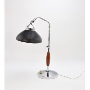 Lampka na biurko; metal, drewno, klosz czarny metalowy; wys. 40 cm, podstawa śr. 17 cm,