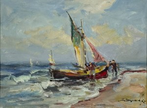 Eugeniusz DZIERŻENCKI (1905-1990), Rybacy przy łodzi, 1974
