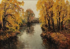Wiktor KORECKI (1890-1980), Pejzaż jesienny z rzeką, lata 50. XX w.
