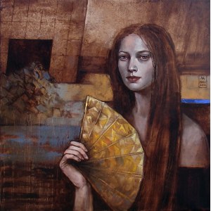 Mira Skoczek-Wojnicka, KOBIETA Z WACHLARZEM 60 x 60 cm.