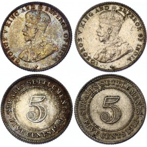 Straits Settlements 2 x 5 Cents 1918 - 1919