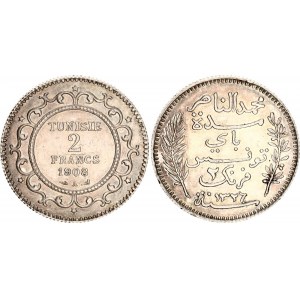 Tunisia 2 Francs 1908 AH 1326 A