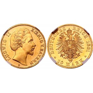 Germany - Empire Bavaria 10 Mark 1881 D PROOF NGC PF 62 CAMEO