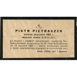 [Powstanie Styczniowe] Pietraszek Piotr - Bilet żałobny, 1923