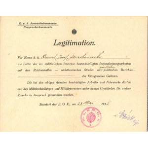 Legitymacja kierownika prac remontowych prowadzonych w interesie wojska na terenie Galicji, 1915