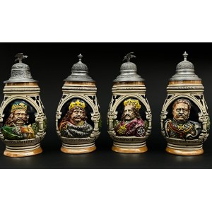 4 kufle z nakrywami zdobione wizerunkami królów