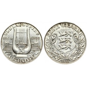 Estonia 1 Kroon 1933 10th Singing Festival. Obverse: National arms wreath surrounds date below. Reverse...