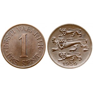 Estonia 1 Sent 1939 Obverse: Three leopards left above date. Reverse: Denomination. Edge Description: Plain. Bronze...