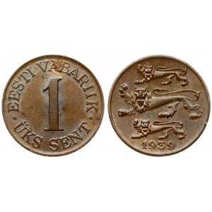 Estonia 1 Sent 1939 Obverse: Three leopards left above date. Reverse: Denomination. Edge Description: Plain. Bronze...