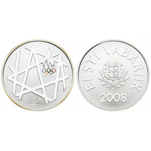 Estonia 10 Krooni 2008 Olympics. Obverse: Arms. Reverse: Torch and geometric patterns. Silver. KM 48. With box...