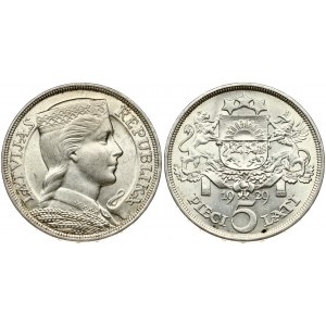 Latvia 5 Lati 1929 Obverse: Crowned head right. Reverse: Arms with supporters above value. Edge Description: DIEVS **...