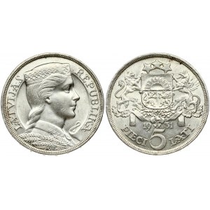 Latvia 5 Lati 1931 Obverse: Crowned head right. Reverse: Arms with supporters above value. Edge Description: DIEVS **...