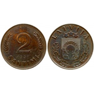 Latvia 2 Santimi 1937 Obverse: National arms above sprigs. Reverse: Value flanked by sprigs above date...