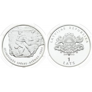 Latvia 1 Lats 2002 Olympics 2004. Obverse: Arms with supporters. Reverse: Ancient wrestlers. Edge Lettering...