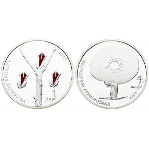 Latvia 1 Lats 2010 Declaration of Independence 20th Anniversary. Obverse: Three small buds red in color. Reverse...