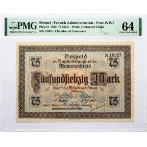 Lithuania MEMEL 75 Mark 1922 Banknote. Chamber of Commerce. Obverse Lettering...