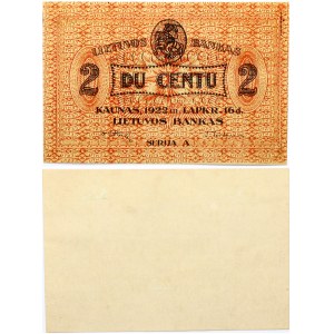 Lithuania 2 Centu 1922 Banknote Obverse Lettering: LIETUVOS BANKAS 2 2 DU CENTU KAUNAS; 1922 m. LAPKR. 16d...
