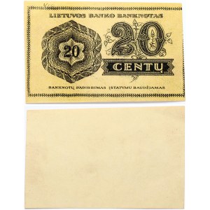 Lithuania 20 Centų 1922 Banknote. Obverse: Denomination. Lettering: 20 Dvidešimtis Centų 20...