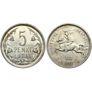 Lithuania 5 Litai 1925 Obverse: National arms. Reverse: Value within flowered flax wreath. Edge Description: Milled...