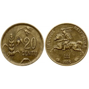 Lithuania 20 Centų 1925 Obverse: National arms. Reverse: Value to right of sagging grain ears. Edge Description: Plain...