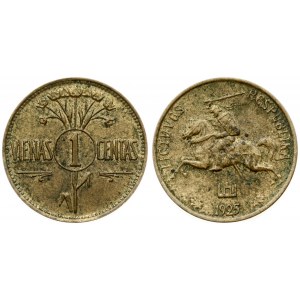 Lithuania 1 Centas 1925 Obverse: National arms. Reverse: Value within circle divides stem of flowers. Edge Description...