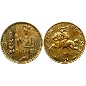 Lithuania 20 Centų 1925 Obverse: National arms. Reverse: Value to right of sagging grain ears. Edge Description: Plain...