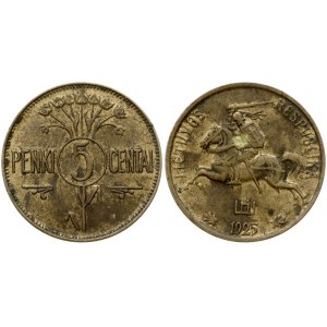 Lithuania 5 Centai 1925 Obverse: National arms. Reverse: Value within circle divides stem of flowers. Edge Description...