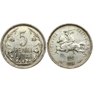 Lithuania 5 Litai 1925 Obverse: National arms. Reverse: Value within flowered flax wreath. Edge Description: Milled...