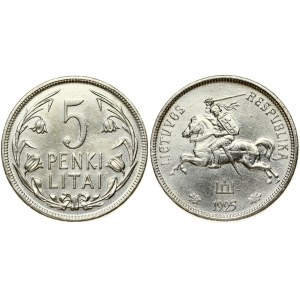 Lithuania 5 Litai 1925 Obverse: National arms. Reverse: Value within flowered flax wreath. Edge Description: Milled...