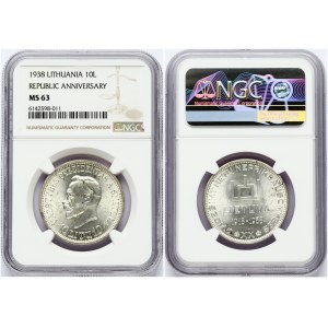 Lithuania 10 Litų (1918-1938) 20th Anniversary of Republic. Obverse: Columns of Gediminas above LIETUVA and dates 1918...