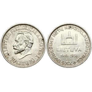 Lithuania 10 Litų (1918-1938) 20th Anniversary of Republic. Obverse: Columns of Gediminas above LIETUVA and dates 1918...