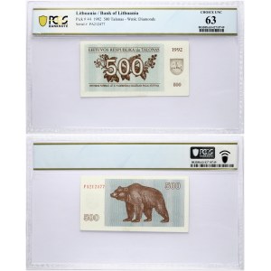 Lithuania 500 Talonas 1992 Banknote. Obverse: Value on plant at centre; brown shield of arms at right. Lettering...