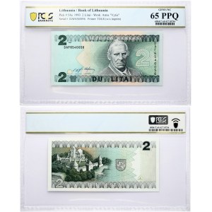 Lithuania 2 Litai 1993 Banknote. Obverse: Samogitian Bishop Motiejus Valancius at center left. Reverse: Shield with ...