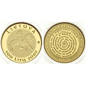Lithuania 100 Litų 2007 Use of the Name Lithuania Millenium. Obverse: Linear National Arms. Reverse: Circular Legend...