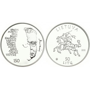 Lithuania 50 Litų 2012 Maironis 150th Anniversary of Birth. Obverse: Vytis. Reverse: Maironis and text. Silver. KM 192...