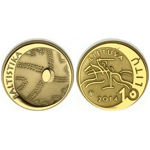 Lithuania 10 Litų 2014 Baltic studies. Obverse: Stylized Vytis left. Reverse: Neolithic period stylized amber disc...