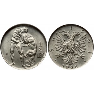 Albania 1/2 Lek 1926 R Zog I(1925-1939). Obverse: Two headed Eagle. Reverse: Hercules wrestling Nemean lion. Nickel...
